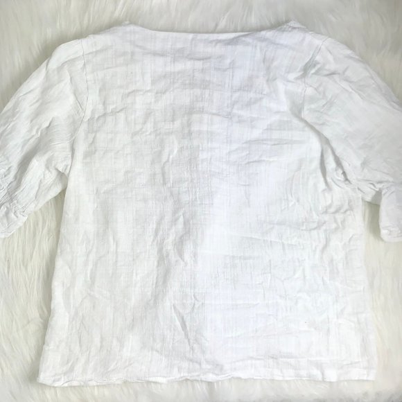 White Leaves Eyelet V Neck Button Tea Blouse M - Picture 9 of 10